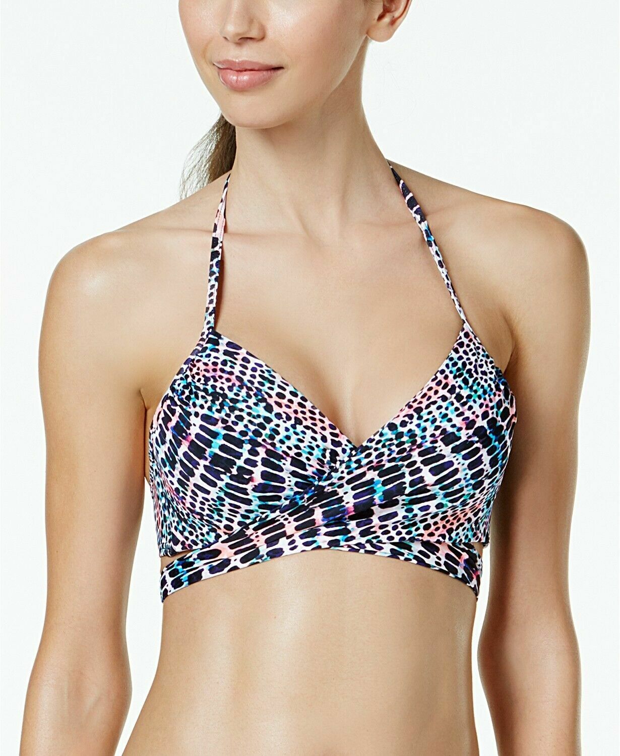 Sundazed 32D Black Print Simone Underwire Wrap Halter Bikini Swimsuit TOP NWT