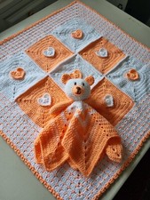 Hand Made Crochet baby blanket throw afghan and teddy comforter