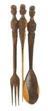 African Hand Carved Wood Utensil Set – Fork Spoon Knife Trio – Tribal Art Decor