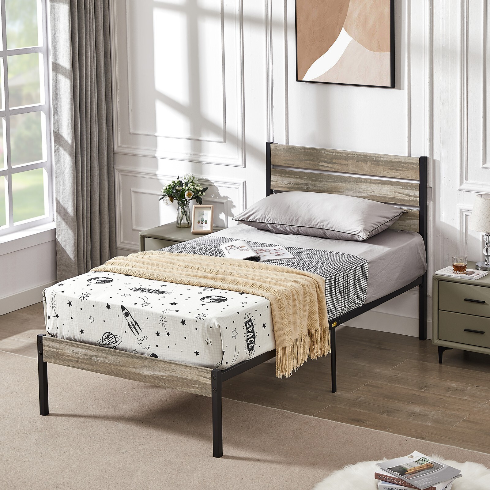 Queen Size Bed Frame Heavy Duty Wooden Metal Platform with Headboard Footboard