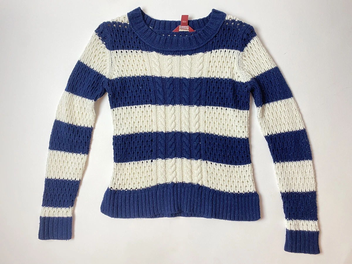 Arizona Jeans Girls Xl 14 16 Navy Blue White Metallic Sweater Stripes Pullover