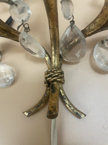 Coppia applique da parete anni 60 Italian One luce elettrica metallo dorato e 16 cristalli - Foto 14 di 18