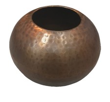 Vintage MCM Hammered Copper Brass Metal Round Vase 5.5” Tall, 9.5” Wide