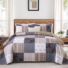 Grey Patchwork Quilt Set Queen Size,3 Pieces Brown Boho Bedspread Coverlet Se...