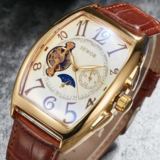Men's Automatic Moon Phase Skeleton Mechanical Watch, Gold Case