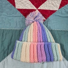 Rainbow Beanie Kids 12-24M Pastel Multicolor Crochet Faux Fur Lined Pom