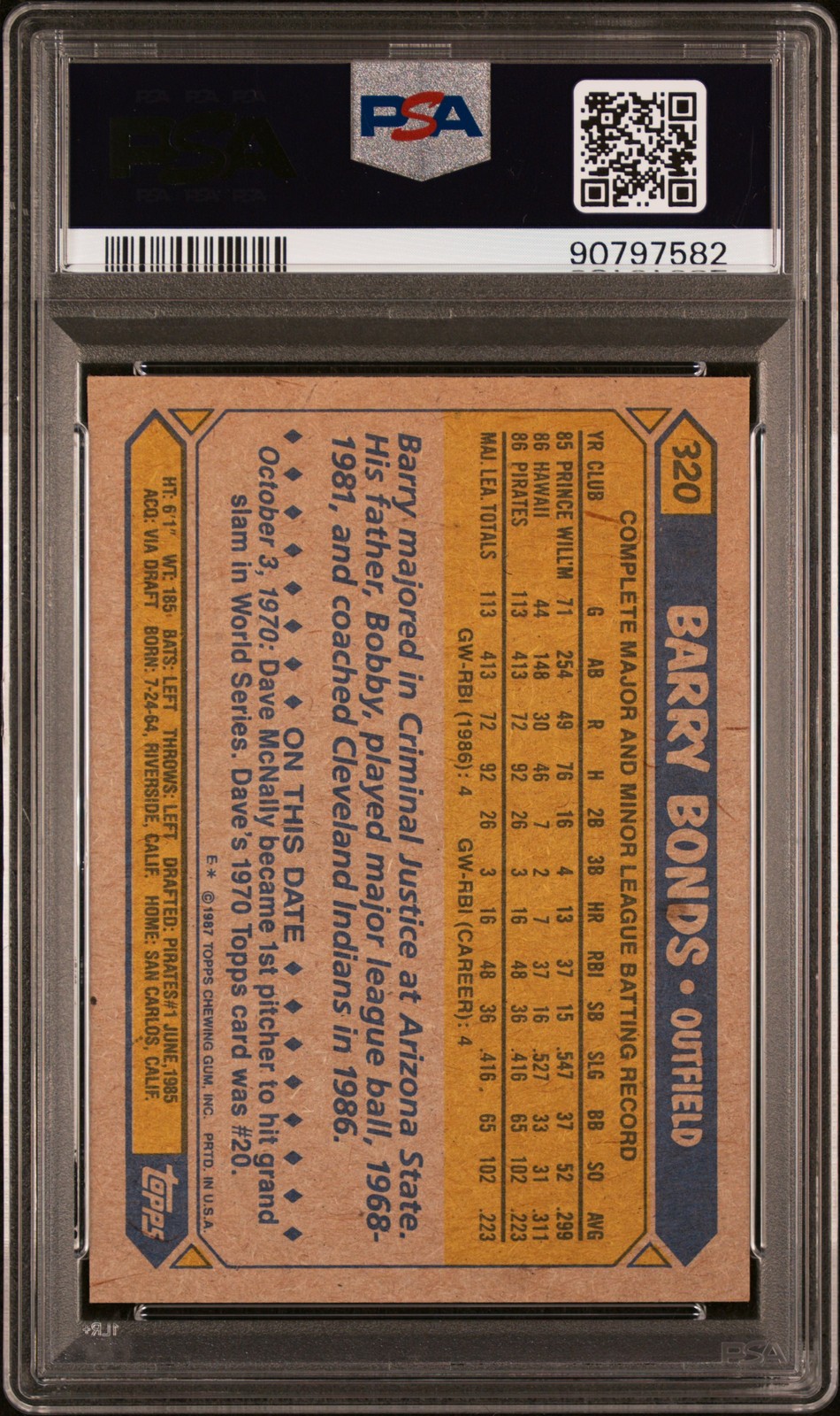 1987 TOPPS #320 BARRY BONDS ROOKIE RC PSA 7 view 2