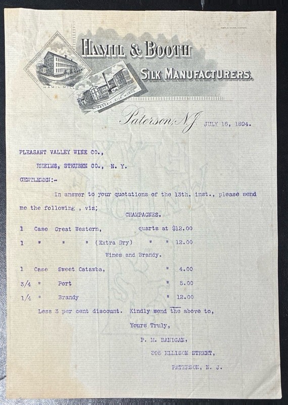 PATERSON, NJ ~ HAMIL & BOOTH, Silk Manufacturers ~ Illustrated Letterhead 1894