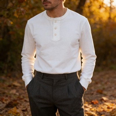 Herren Basic Heavyweight 280g Solid Color Long Sleeve Henley Neck Casual T-shirt