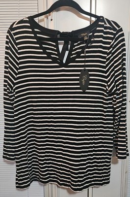 Cupio Black And White Striped Long Sleeve V-neck Top W/ Bow Accents NWT