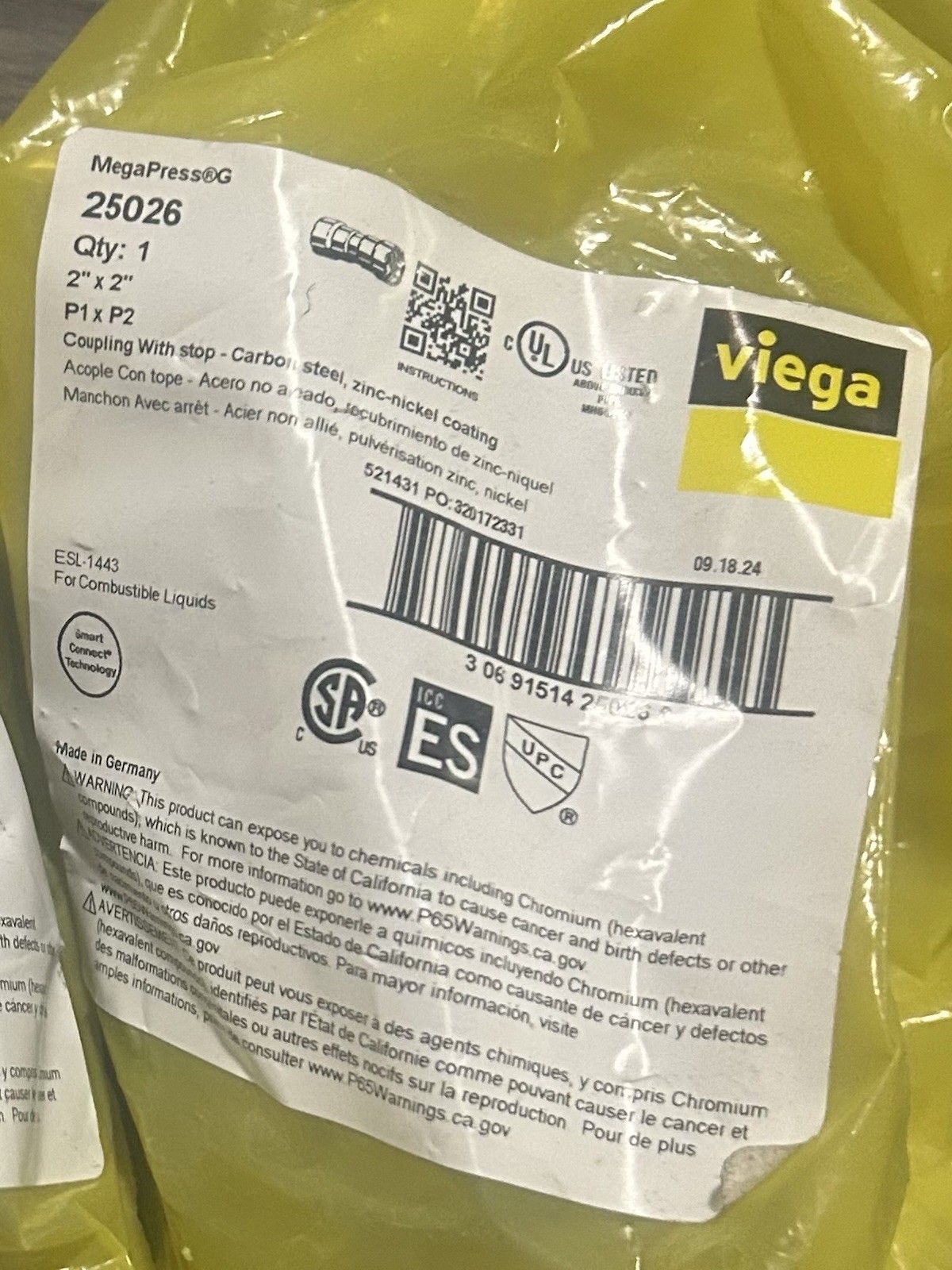 Viega MegaPress G Straight Coupling 25026 2" x 2", Carbon Steel