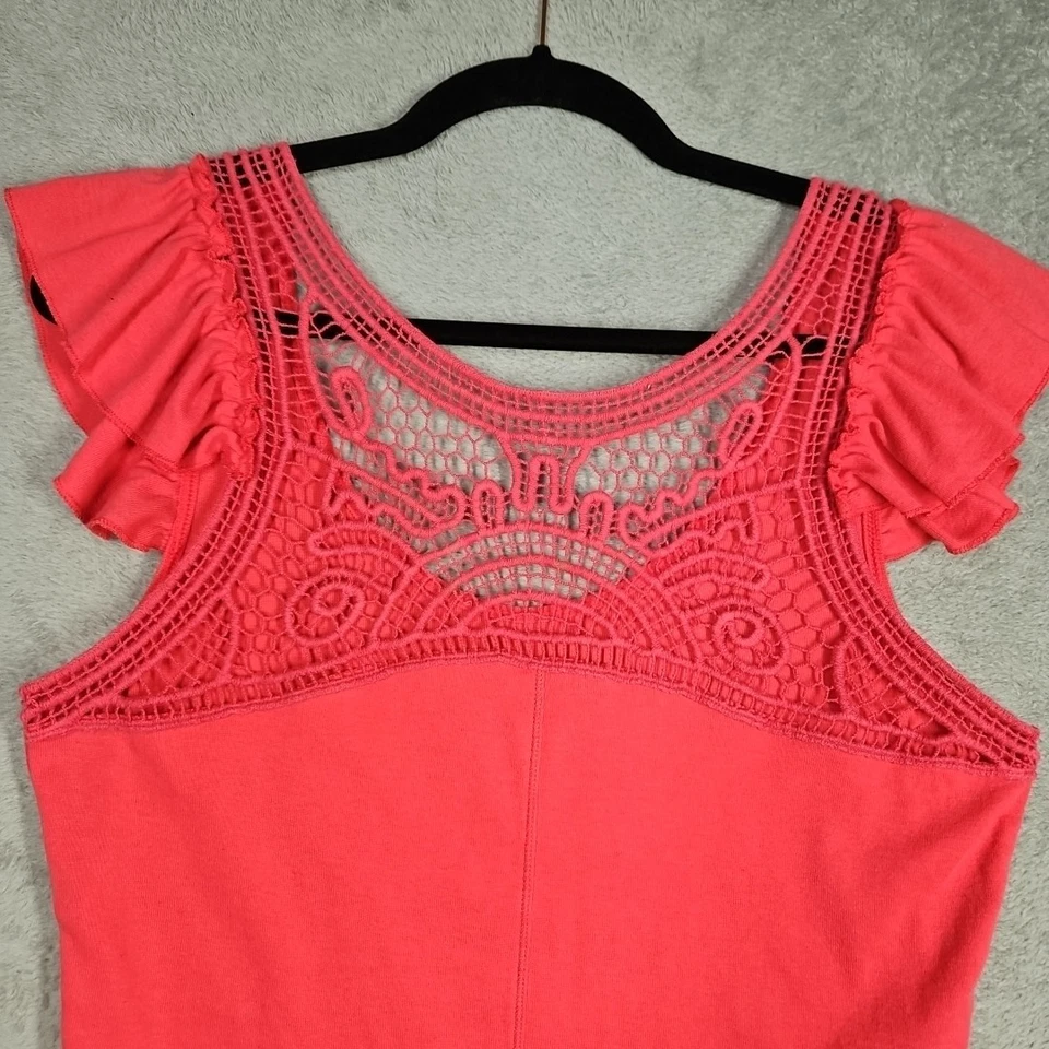 Top Largo The Tee Shop Rosa Coral Volantes Flutter Slvs Crochet Encaje Espalda Talla L Foto 3 de 4