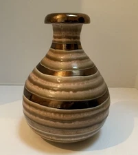 Beautiful Vase 10” Beige Crackled with Brown Gold Stripes Decorative Home Décor 