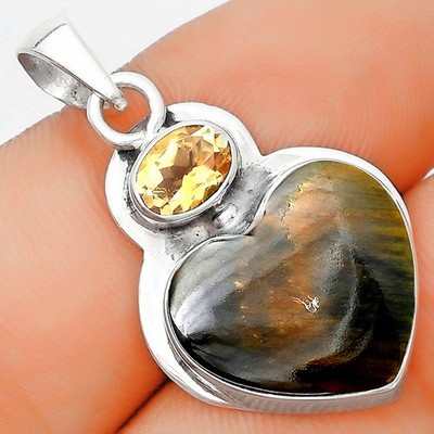 Heart Natural Blue Tiger Eye & Citrine 925 Silver Pendant Jewelry P-1607