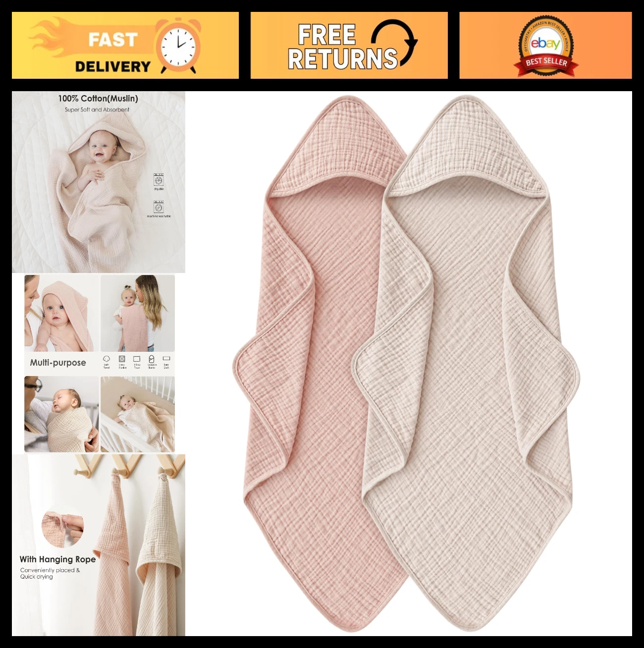 Hooded Baby Bath Towels, 100% Muslin Cotton, Soft & Absorbent, Large 32"x32