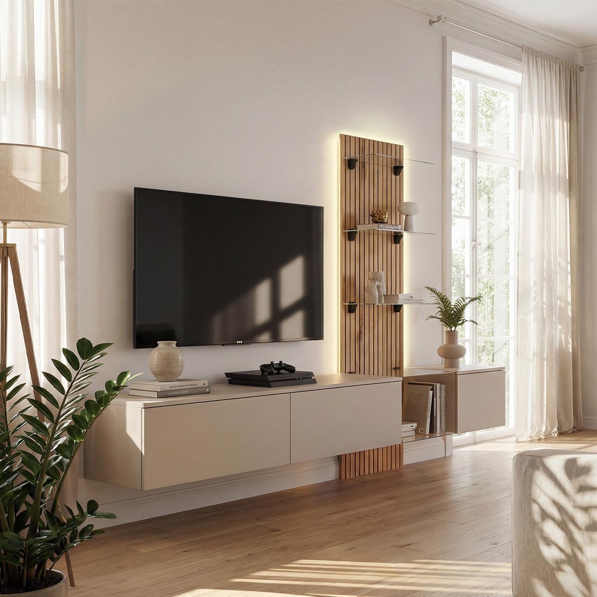Meuble TV mural Luzz 220cm avec rangements push-to-open gris et naturel