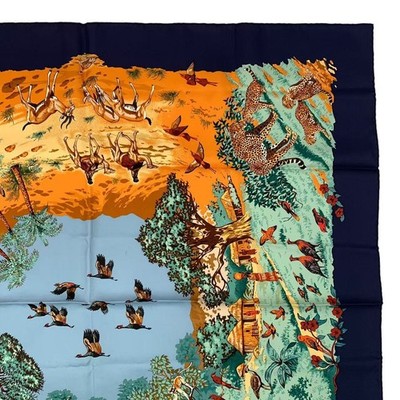 Hermes Scarf Stole Africa Navy by Robert Dallet Safari Animal Silk