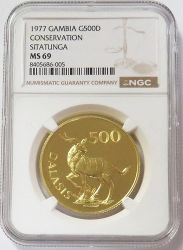 1977 GOLD GAMBIA 500 DALASIS SITATUNGA WWF CONSERVATION NGC MS 69