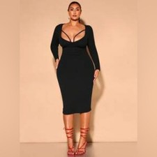 SHEIN Black Plunge Neck Bodycon Midi Dress 0XL