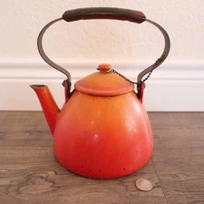 Vintage Descoware Enamel Cast Iron Tea Pot Kettle Orange Red With Lid