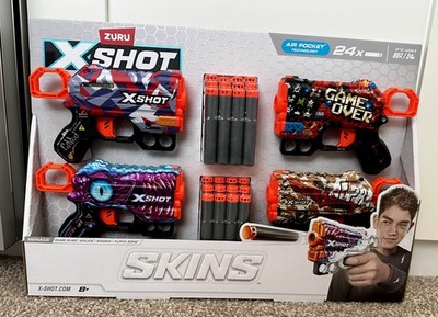 Zuru X Shot Skins Set X4 Waffen X24 Kugeln Air Pocket Technologie Blaster 80ft/24m