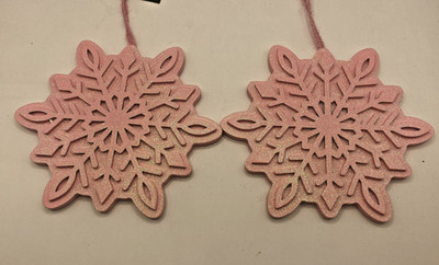NEW 5.75'' WOOD PINK GLITTERED SNOWFLAKE CHRISTMAS ORNAMENT X 2 FREE SHIP