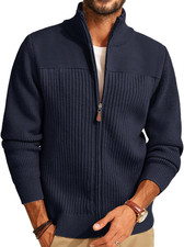 Men'S Full Zipper Cardigan Casual Stand Collar Cardigan Sweater Ribbed Knit Long