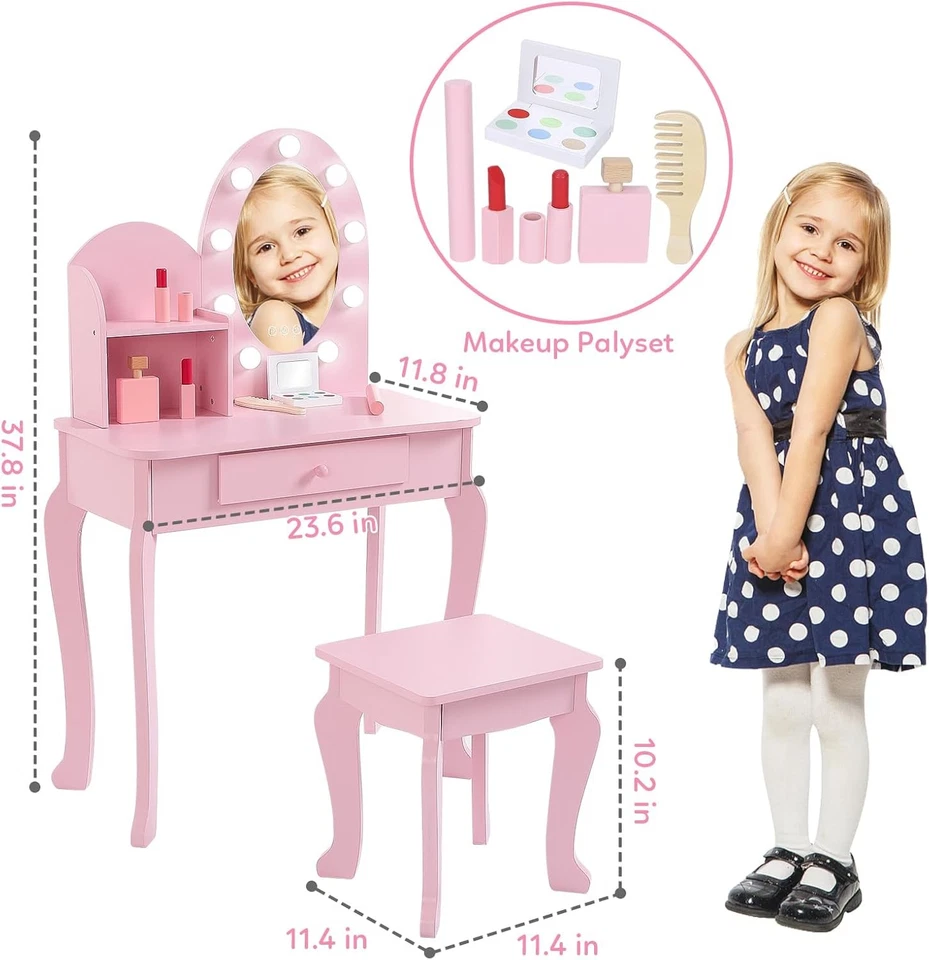 Juego de taburete tocador de maquillaje princesa tocador para niños con espejo regalo de cumpleaños Foto 3 de 4
