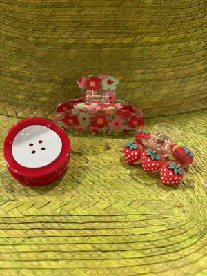 Hair Claw Clips - Set Of Three: Button, Strawberries, Flowers