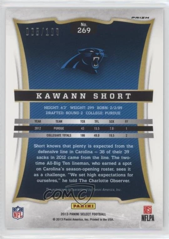 2013 Panini Select Silver Prizm Rookie Auto /199 Kawann Short #269 Auto RC - Image 2 of 2