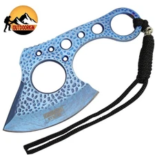 BLUE Plasma CLEAVER Axe w/ SKULL BEAD Tactical Hunting Full Tang w/ Sheath