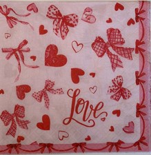 Two Individual paper luncheon napkins decoupage Valentine Hearts Red Pink Bows