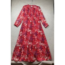 LOFT Red Floral Smocked Tiered Maxi Dress Womens 14 Long Sleeve Boho Resort