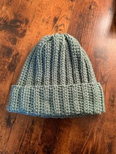 Handmade crochet ribbed beanie hat in sage green adult sm-med