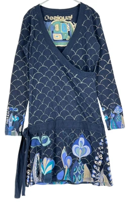 Desigual Damen V-Ausschnitt Langarm Midi Kleid Größe L Blau - Bild 1 von 4