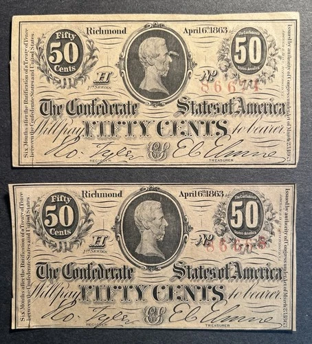 Lot (2) 50c Fractional 1863 Richmond Virginia Currency Bank Note Money Civil War