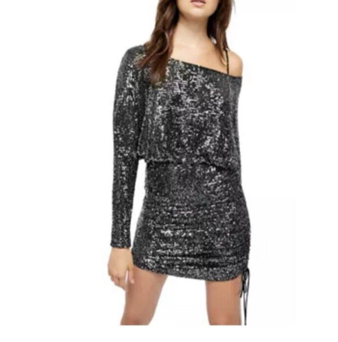 FREE PEOPLE Giselle Black Graphite Sequin Long Sleeve Mini Dress Ruched New XS