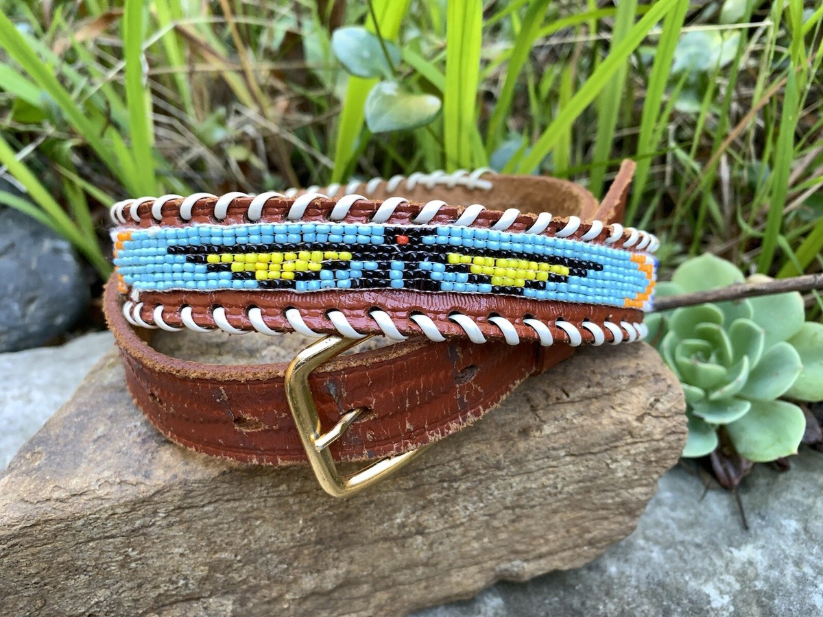 Vntg Youth Western Beaded Leather Belt Native American Thunderbird Sz 29/30