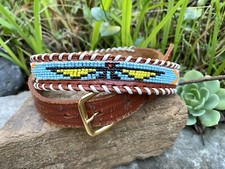 Vntg Youth Western Beaded Leather Belt Native American Thunderbird Sz 29/30