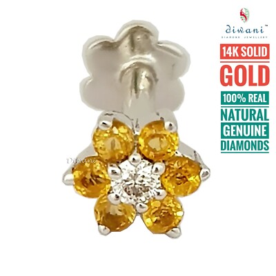 Natural Citrine Gemstones & Diamond Flower Nose Lip Piercing Stud Screw Ring Pin