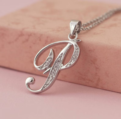 Initial Letter P Pendant 18'' Chain 14K White Gold Plated Tester Pass Moissanite