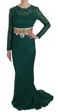 DOLCE & GABBANA Crystal Gold Green Lace Sheath Gown Dress IT42/US8/M 11000usd