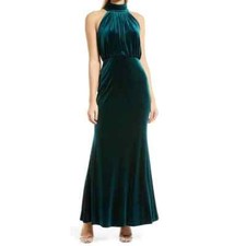 ELIZA J Hunter Green Velvet Velour Pleated Mock-Neck Halter Blouson Maxi Gown 4