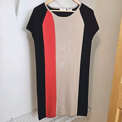 Neiman Marcus Womens Large Silk Linen Knit Short Sleeve Sweater Dress Black Red