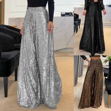 Ladies Pants High Waist Palazzo Pant Womens Glitter Sequin Party Baggy Trousers