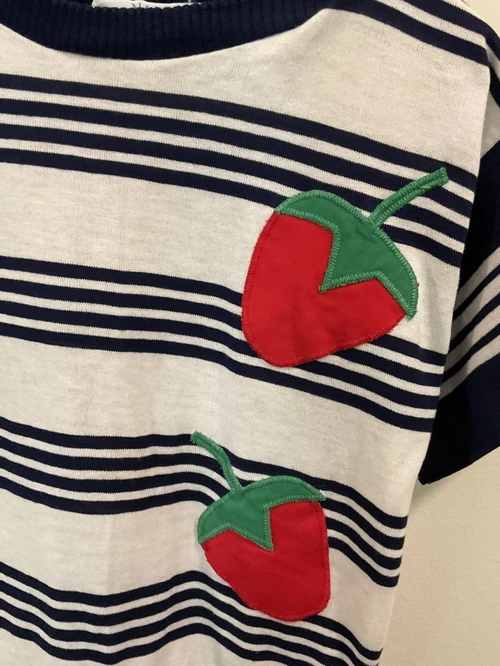 Florence Eiseman Size 4 Navy Stripes, Red & Green Strawberry Dress Vintage - Image 2 of 4