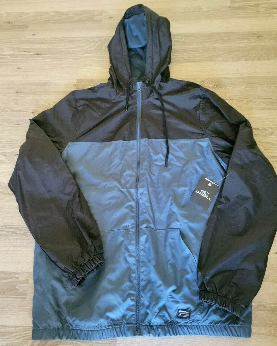 New Men s XL O Neill Explore Windbreaker Black Blue Hooded Jacket