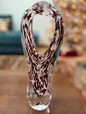 Murano Style Abstract Red White Clear Art Glass MCM Modern Sculpture Signed 11"