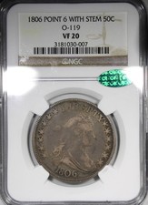1806 Draped Bust Half Dollar NGC VF20 CAC Pointed 6 With Stem O-119