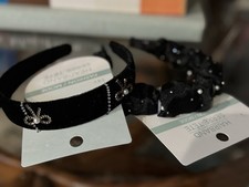 Set/2 Black Velvet Velour Rhinestone Faux Pearl Bow Ruffle Coquette Headbands